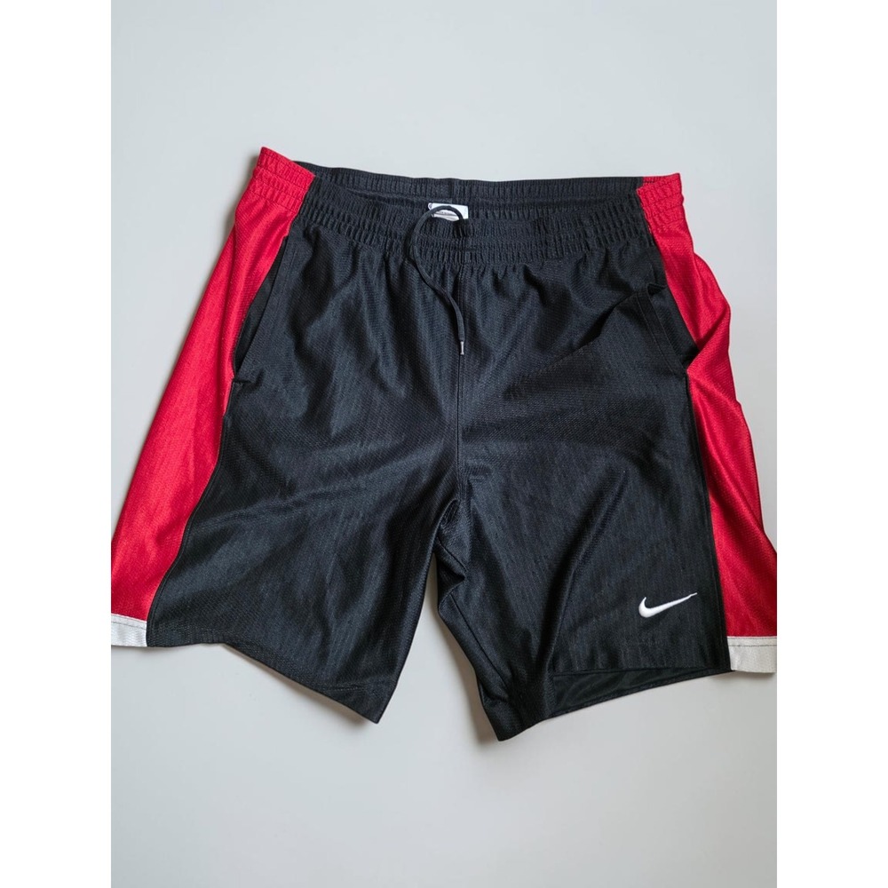 Nike Mens Black Red White Mesh Basketball Athletic Shorts Small Swoosh Logo